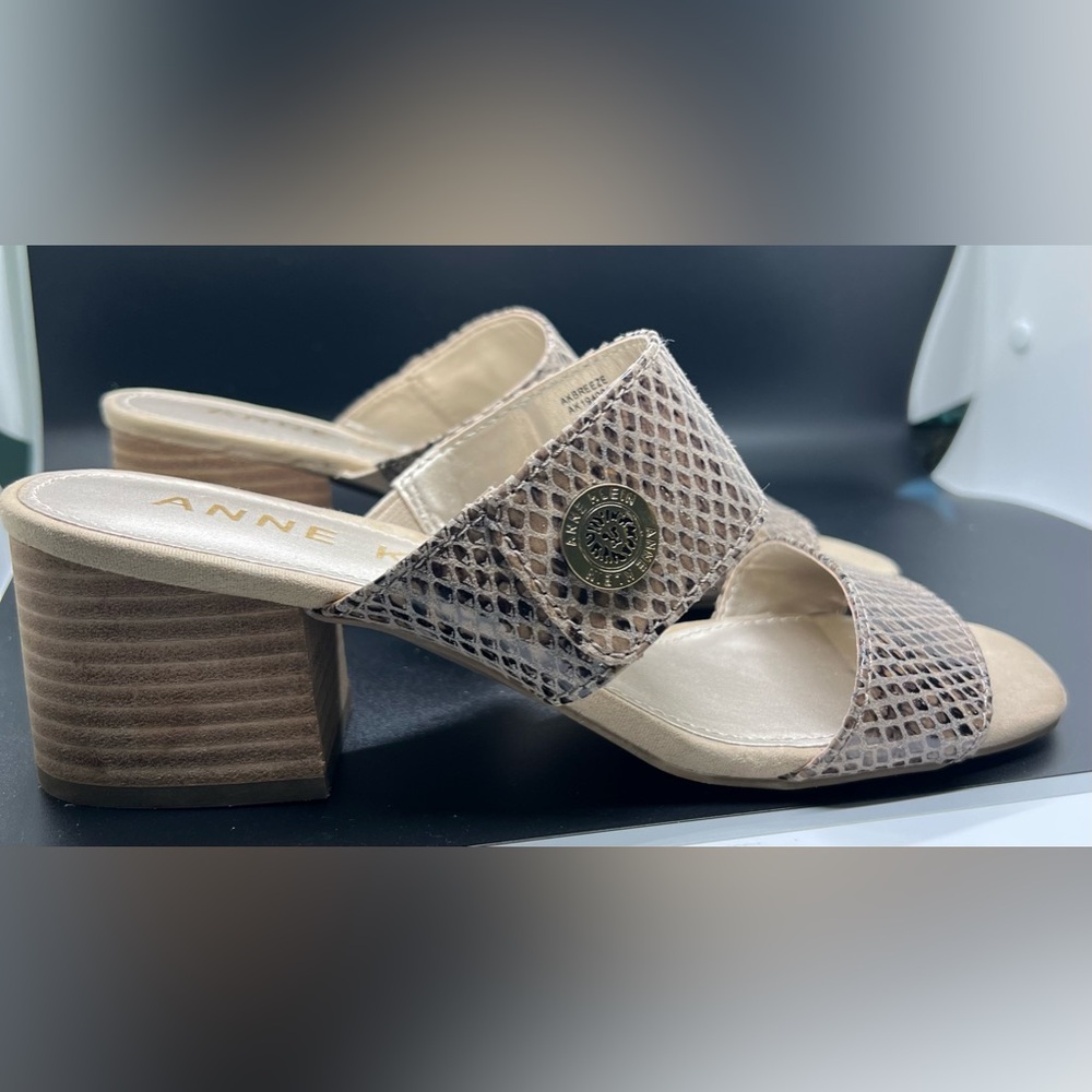 Anne Klein Beige Snake-Print Block Heel Sandals
